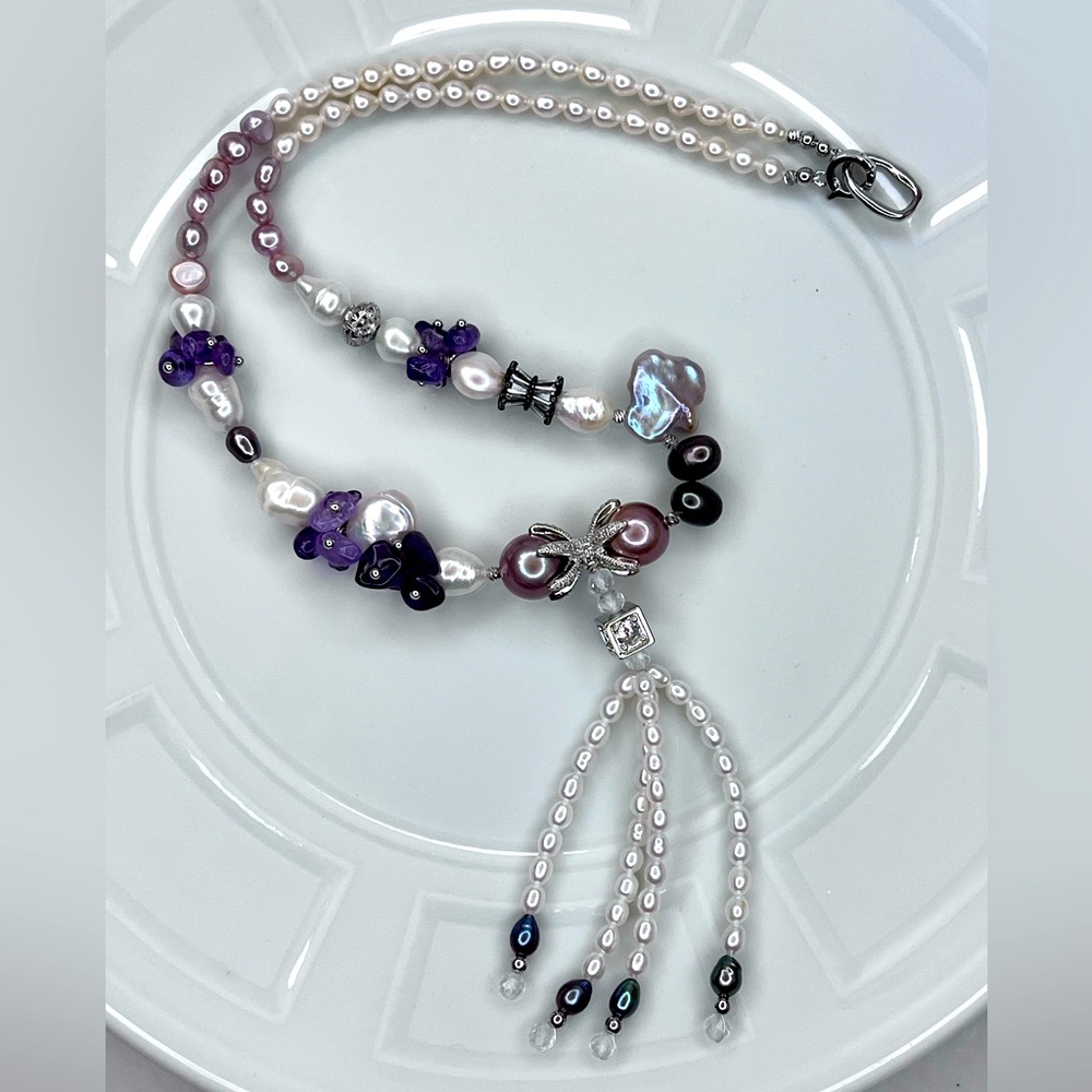 💜💜 Handmade Freshwater Blueberry 🫐 Edison Coin Pearl Amethyst Unicorn 🦄 Necklace